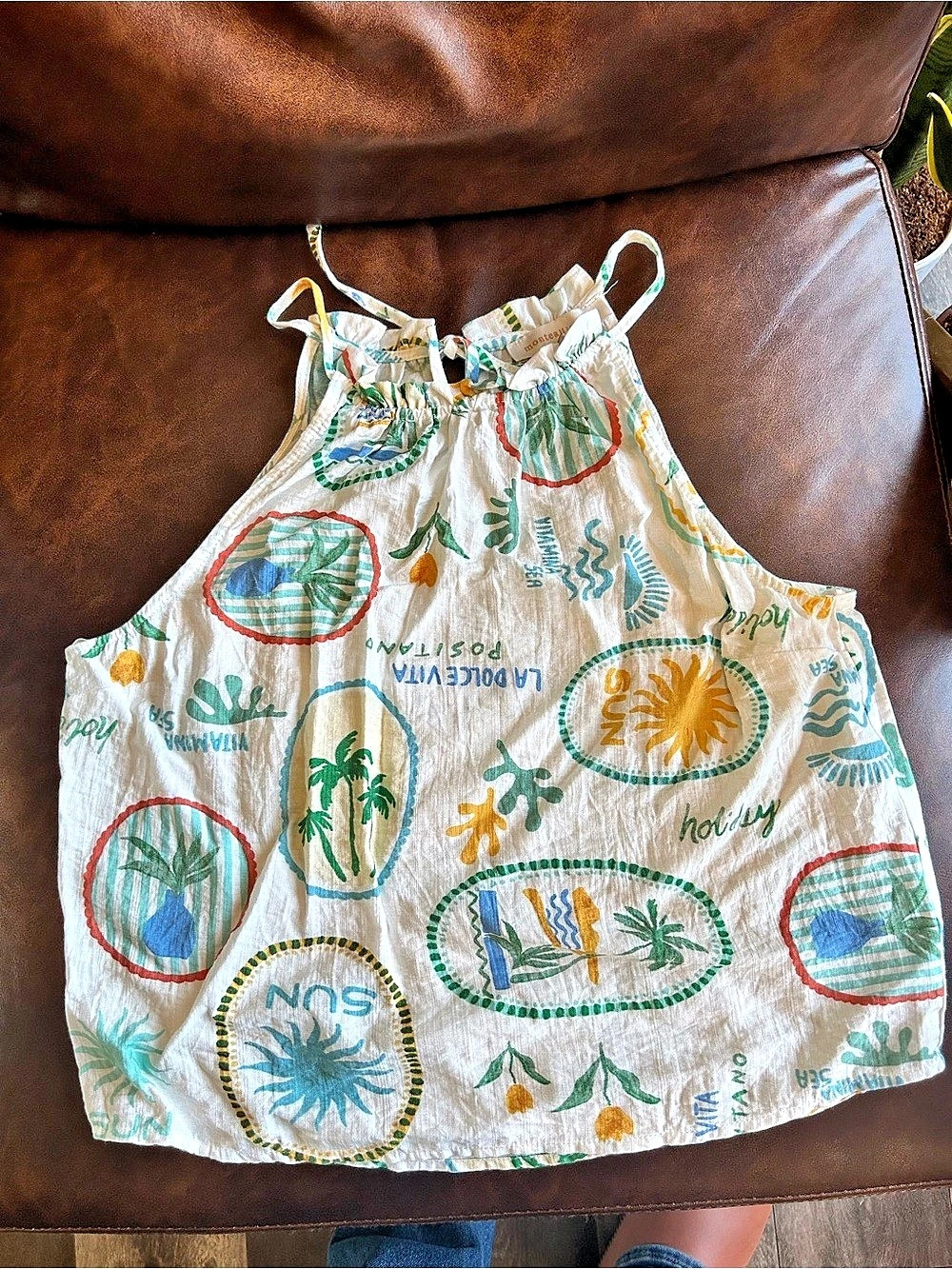 Monteau Los Angeles Tropical Positano Print Halter Tank Top White & Green Medium